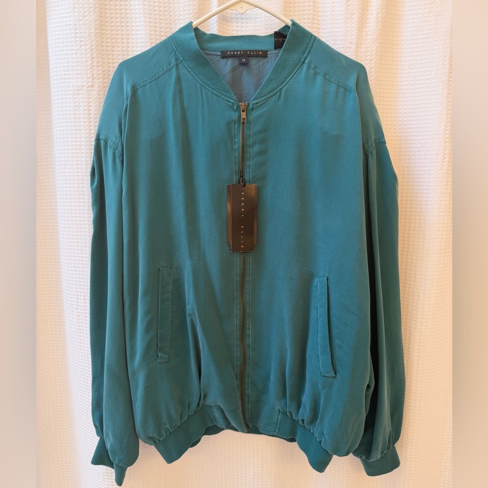 NWT Vintage Silk Perry Ellis Teal Bomber Jacket